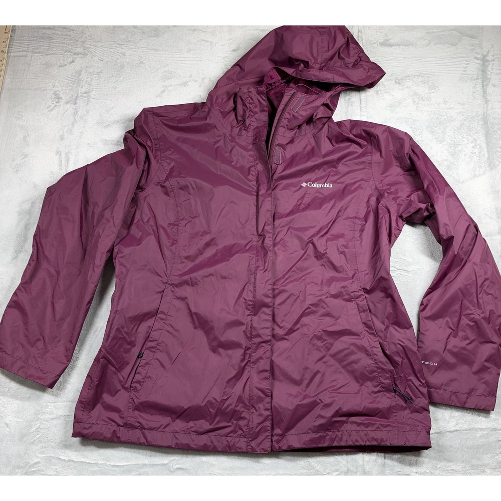 Columbia Women's XL Omni-Tech Purple Waterproof Hooded Rain Jacket